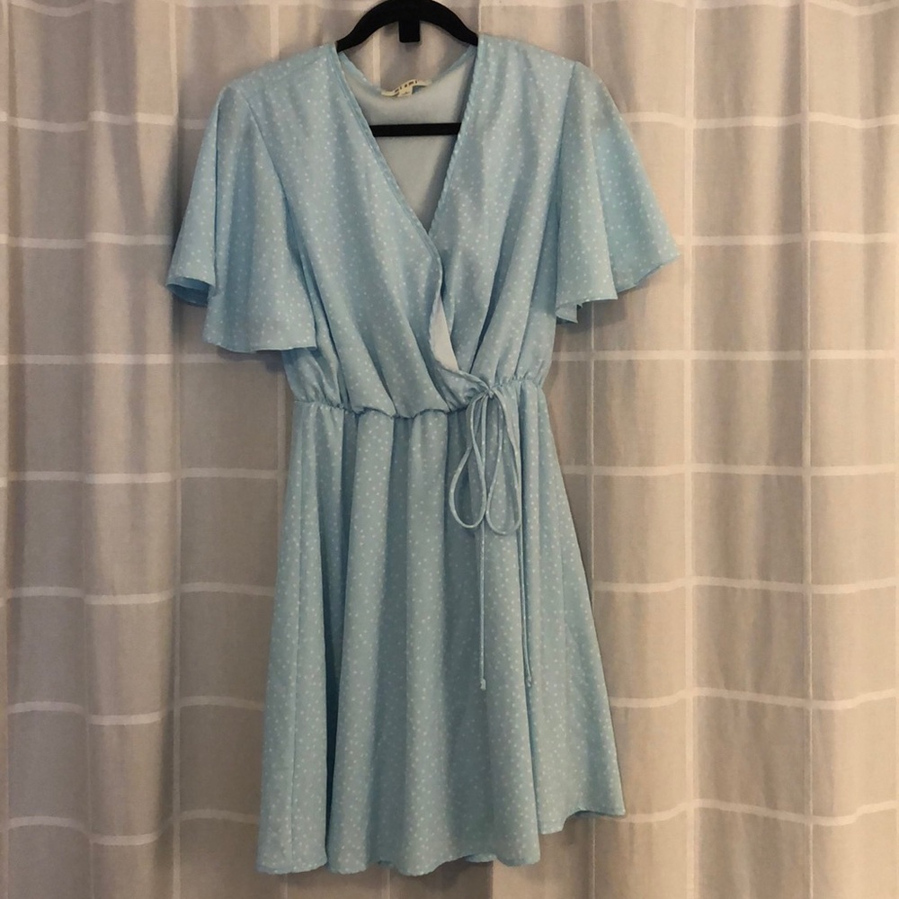 Light blue polka dot wrap top dress.